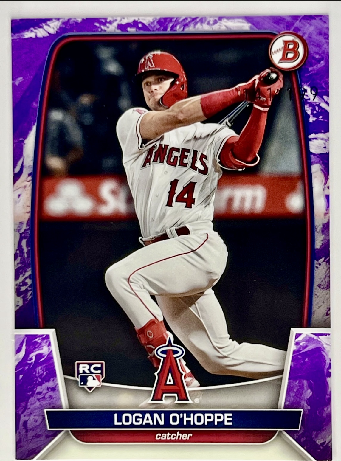 2023 Bowman Logan O’Hoppe #39 Purple Pattern /199 Rookie RC